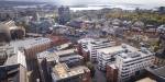 Drone photo showing parts of Pilestredet campus and the city of Oslo.