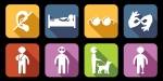 To rader med fargerike ikoner som viser personer med funksjonshemming.