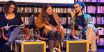 Jamila J. Ghaddar, Sophia Azeb og Husam Abusalem sitt på scena på Litteraturhuset.