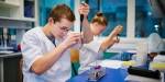 To studenter tar biologiske prøver i reagensrør.