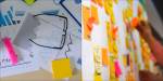 Two photos together: one of statistics and one of selecting yellow notes on a board