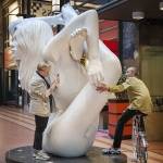 Olaug and her friend posing with a large statue of Kate Moss outside Folketeateret. Photo: Benjamin A. Ward.