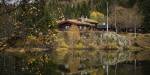 A cabin by the lake surrounded by forest.