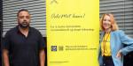 Gulraiz Sharif og Krsitin Skare Orgeret foran ein plakat kor det står «OsloMet leser!. For å styrke demokratisk motstandskraft og skape felleskap.»