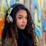 Ung jente med høretelefoner lent mot grafittivegg ser tenksom ut i luften