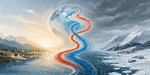 Illustration of a potential tipping point in the Atlantic meridional overturning circulation (AMOC). A red and blue ocean current winds through a divided landscape, transitioning from a mild, sunlit environment to a cold, ice-covered Arctic setting and  symbolizes how changes in ocean circulation can lead to major climate shifts.