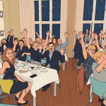 en tegneseriestil illustrasjon av NIBRs ansatte som sitter rundt flere middagsbord med hendene jublene i været