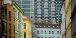 Apartment buildings in a city street.