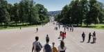 Looking down Karl Johan street in summer with a moderate amount of people walking in all directions. Street srrounded by the large trees in Slottsparken.