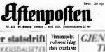 Faksimile fra Aftenposten 1. april 1950 med aprilspøk som uthevet sak: "Vinmonopolet realiserer i dag store kvanta vin"