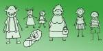 Tegning av en familie, med foreldre, barn og besteforeldre mot grønn bakgrunn