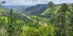 River running through a lush and hilly green landscape