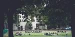 Personar sit i grupper i ein park